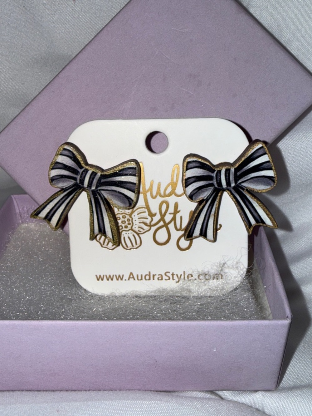 Audra Style Black White Striped  Bow Earrings Lightweight Wood Nickel Free Studs